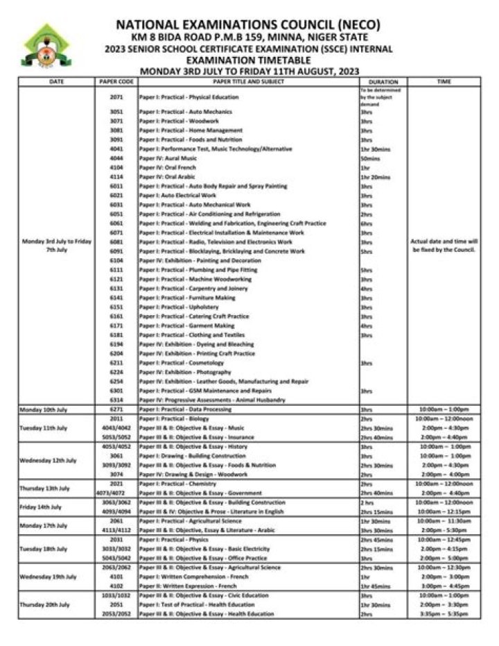 NECO Timetable 2023/2024 Embrace Success in July/August Exams PiggyBank